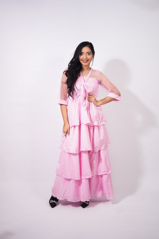 Jaquline Pink Floral Gown With Shrug plus