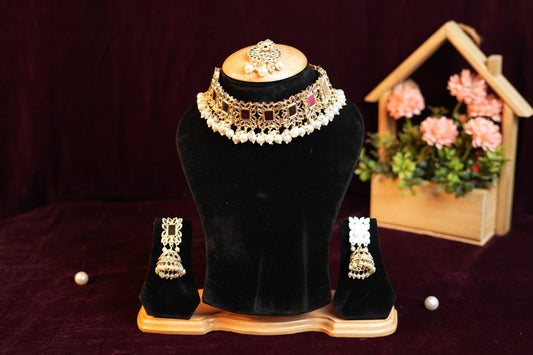 Mirror work with pearl Golden Necklace Set