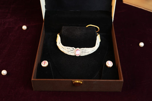 Off-White Gold Plated pink Stone Beaded Chocker Set