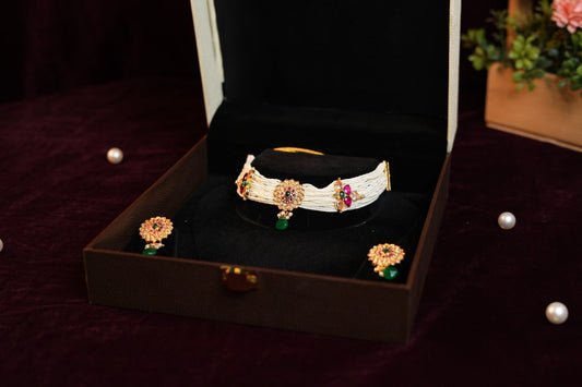 Green Stone  White Pearl Gold Plated Studded Chocker Set