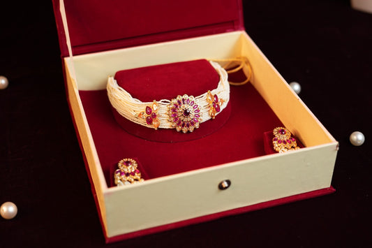 Pink Stone White Pearl Gold Plated Studded Chocker Set