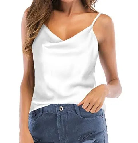 White Cowl Neck Strap Satin Top