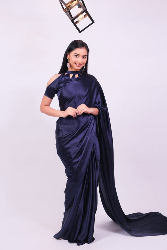 Charis Navy Blue One Minute Satin Saree
