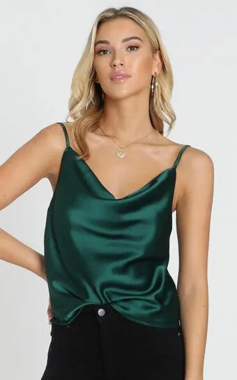 Dark Green Cowl Neck Strap Satin Top