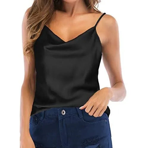 Black Cowl Neck Strap Satin Top