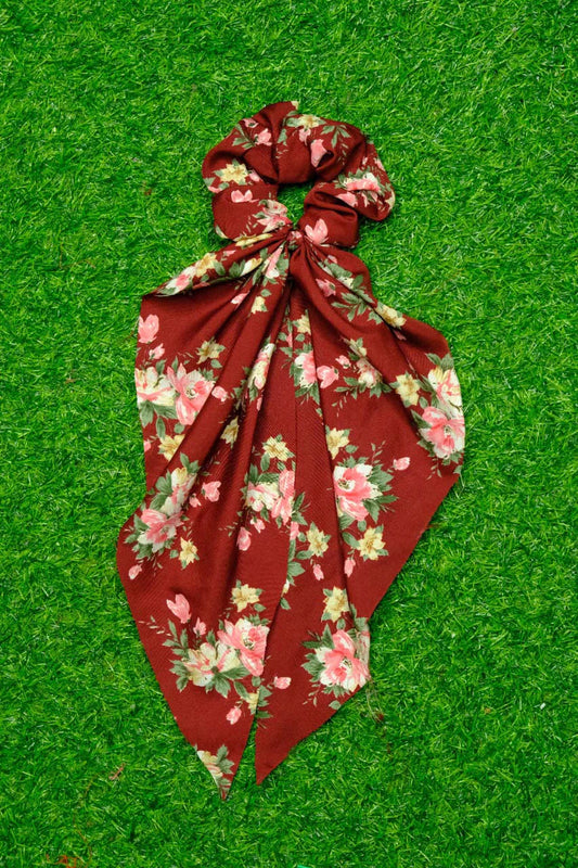 Maroon Floral Tail Scrunchie